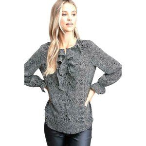 Arrays Black White Poka Dot Blouse S Ruffle Polyester Long Sleeve Button Up